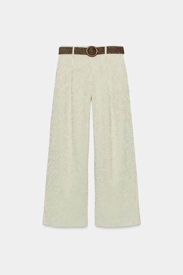 PANTALON LARGE À RAYURES ET CEINTURE - Écru de Zara - Image 5