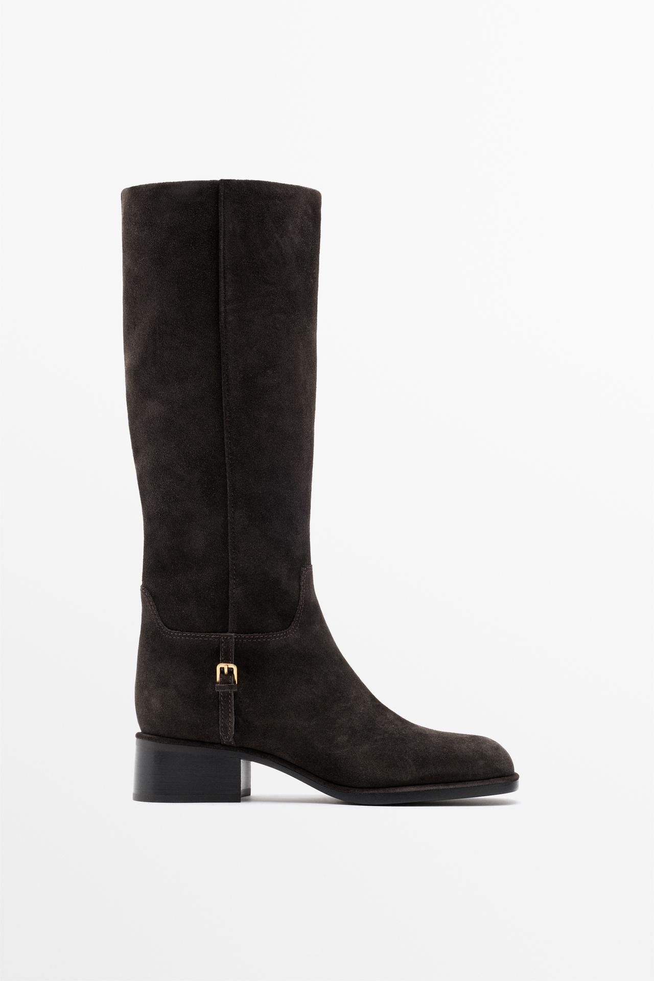 Flat split suede leather knee-high boots with side buckle — Brown