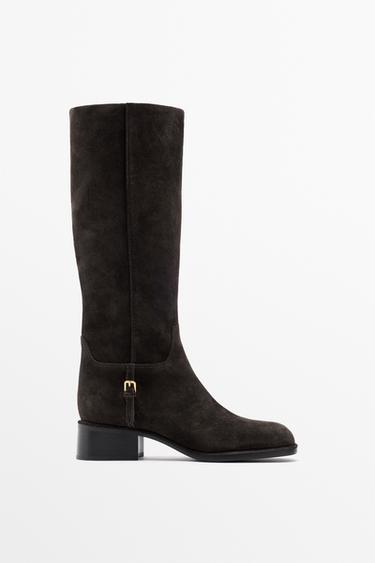 Zara Split suede leather flat boots with side buckle - Brown - Image 0