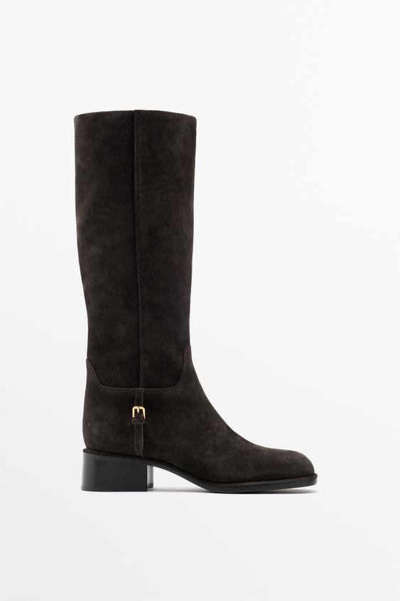Zara Flat split suede leather knee-high boots with side buckle - Brown - Image 0