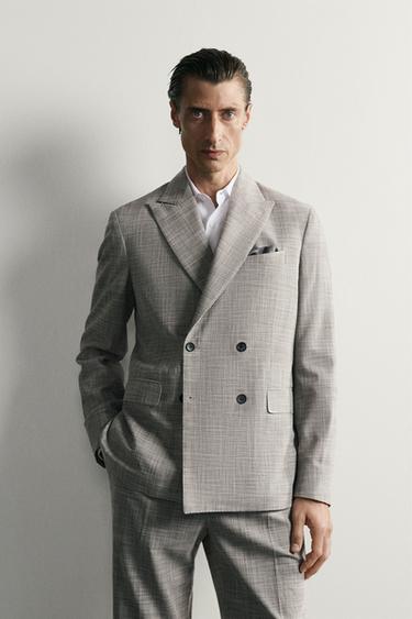 WOOL BLEND CHECK REGULAR FIT SUIT BLAZER - Light grey by Zara