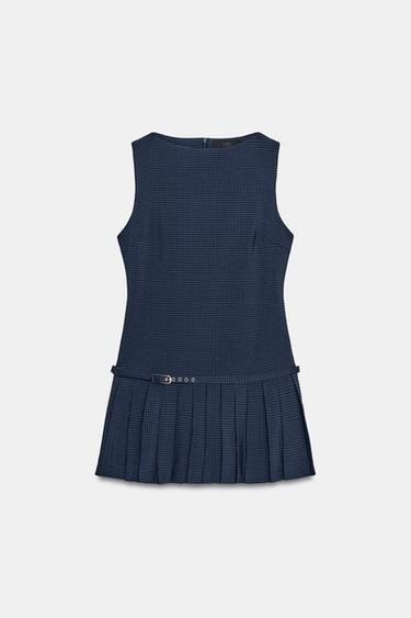 Zara PLAID PLEATED MINI DRESS - Navy blue