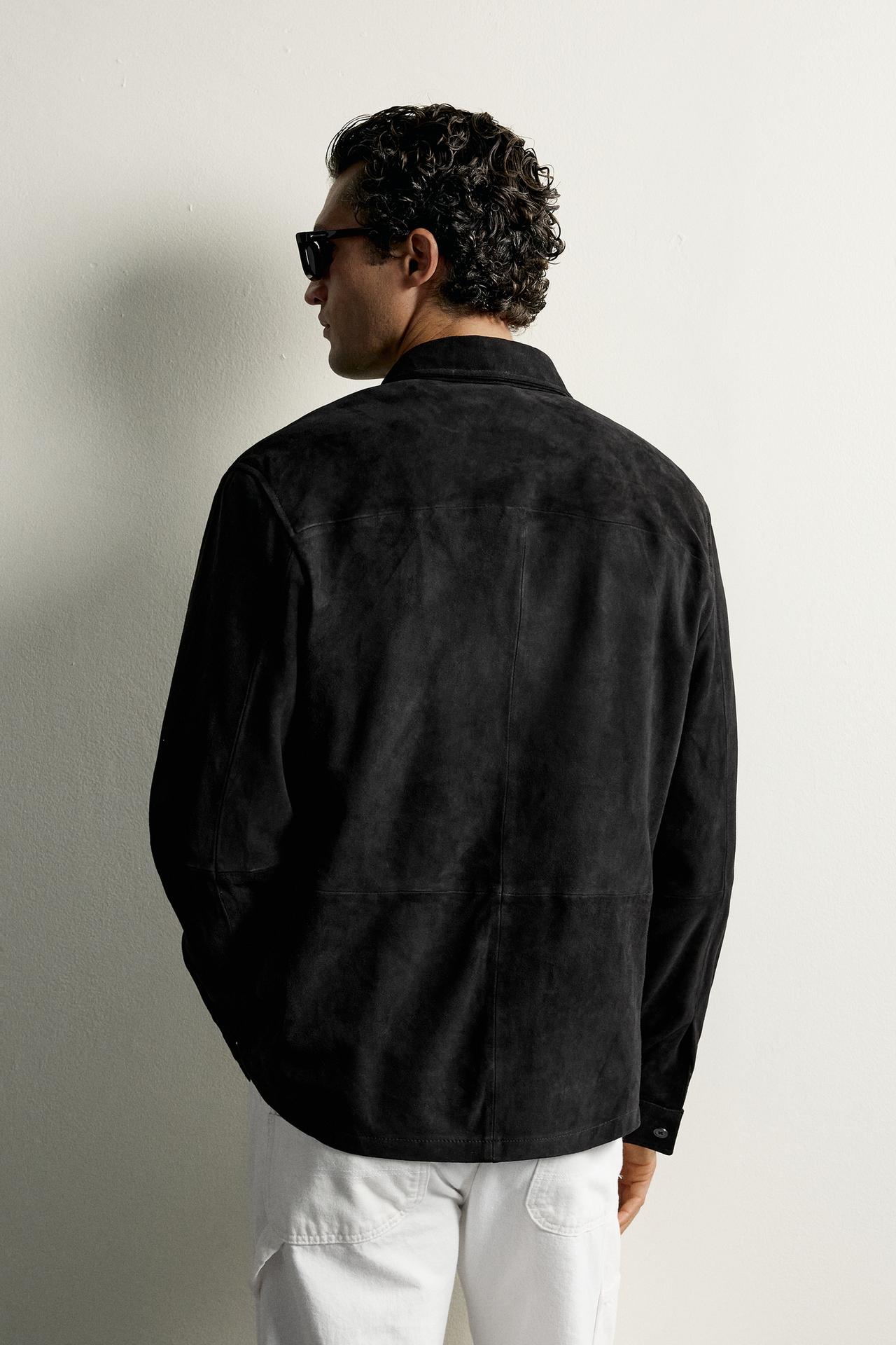 SUEDE LEATHER OVERSHIRT — Blue / Black