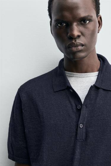 100% LINEN KNIT POLO SHIRT - Navy blue by Zara - Image 4