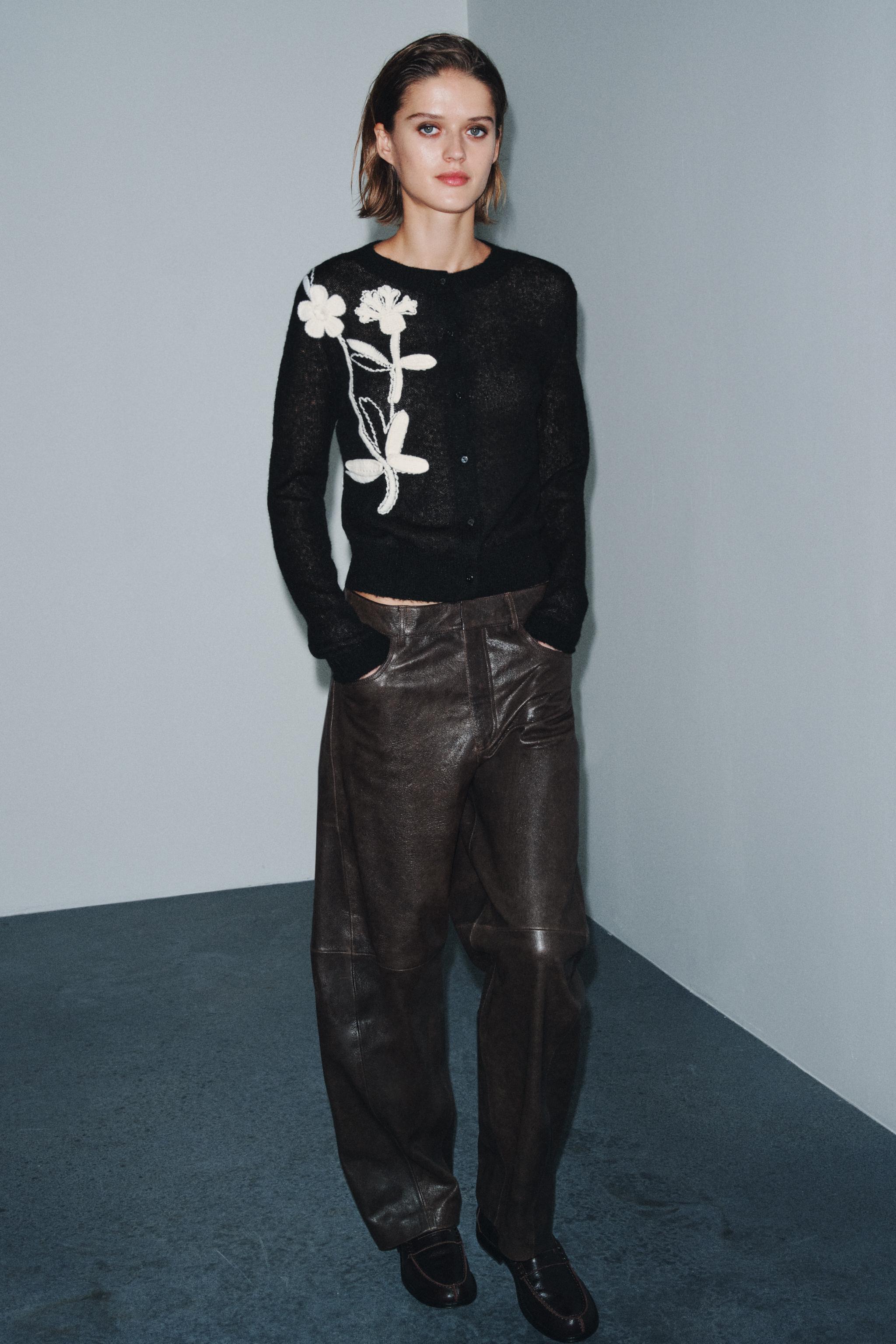 刺繍デザイン ブラック 長袖カーディガン フラワー刺繍ニットカーディガン - ブラック | ZARA Japan / 日本