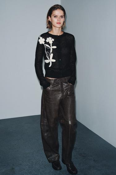 Zara FLORAL EMBROIDERY CARDIGAN - Black - Image 0