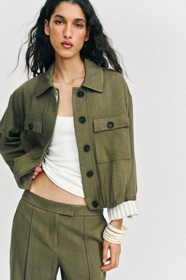 VESTE COURTE MANCHES RETROUSSÉES - Kaki de Zara - Image 3