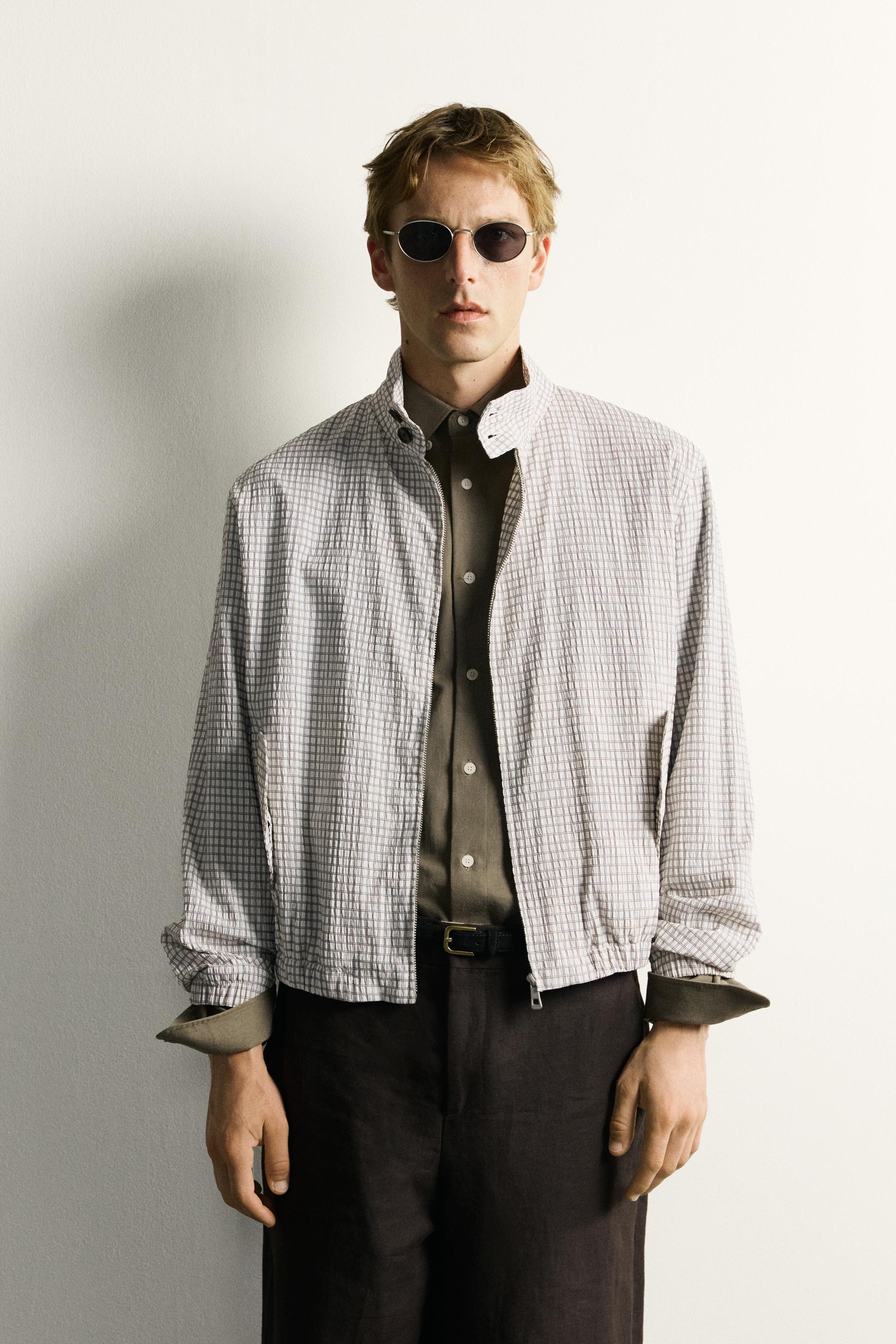 CROPPED FIT CHECKERED JACKET — Oyster-white