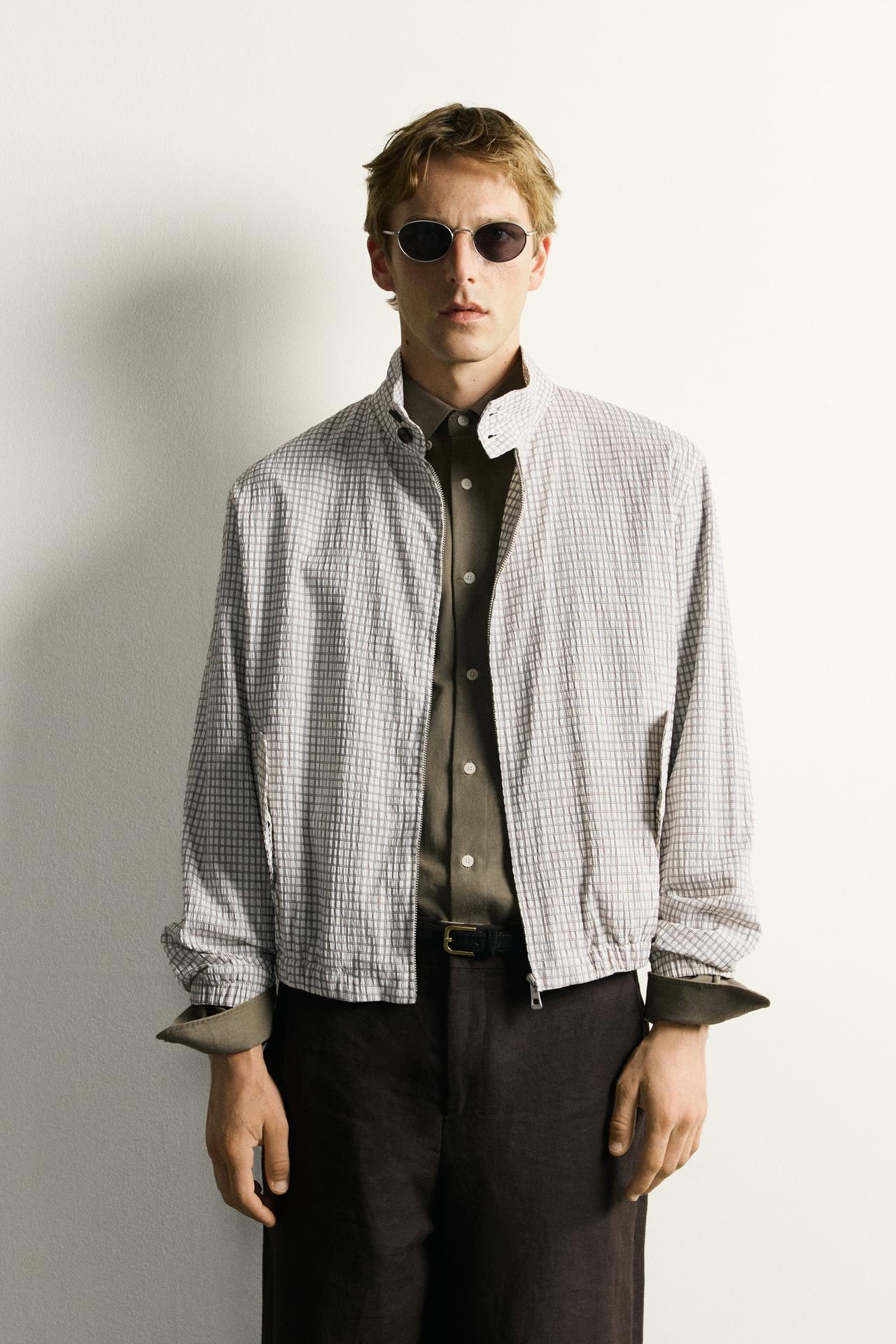 CROPPED FIT CHECKERED JACKET — Oyster-white