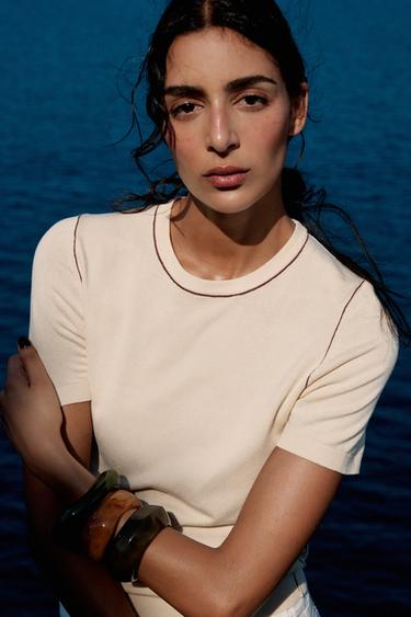 SHORT SLEEVE KNIT TOP WITH PIPING - Ecru by Zara