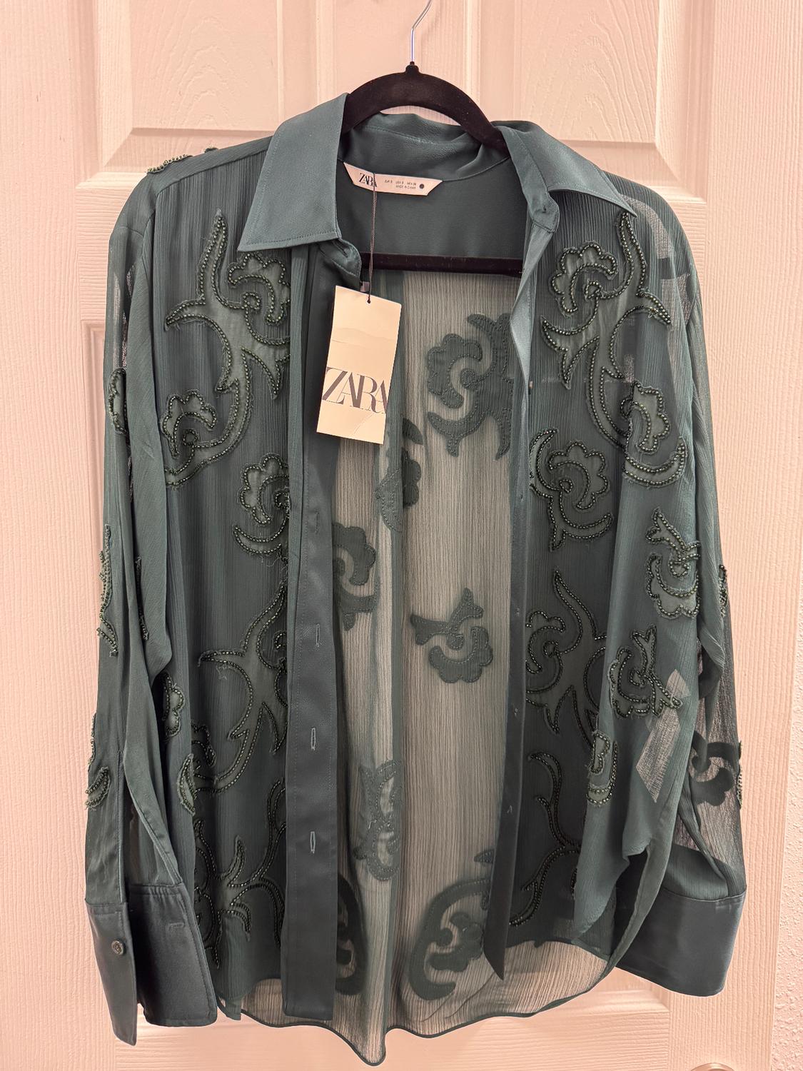 Translucent green shirt with floral embroidery, hanging on a hanger. Visible label with the text "ZARA". White door in the background.