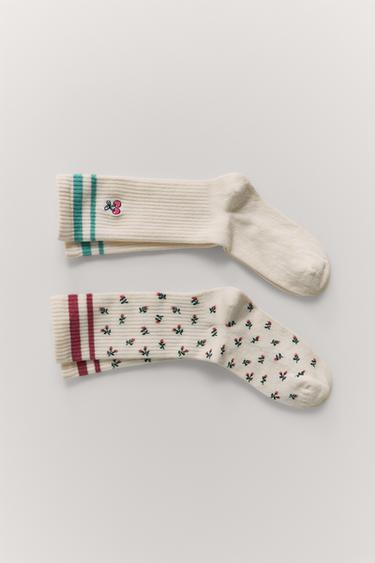 Zara TWO-PACK OF LONG FLORAL STRIPED SOCKS - Ecru