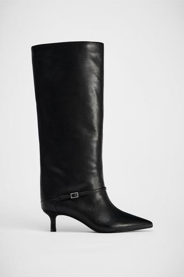 Zara KITTEN HEEL BUCKLED LEATHER BOOTS - Black