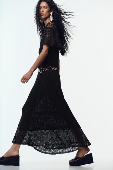 POINTELLE KNIT LONG DRESS WITH RUFFLE - Black by Zara - Image 3