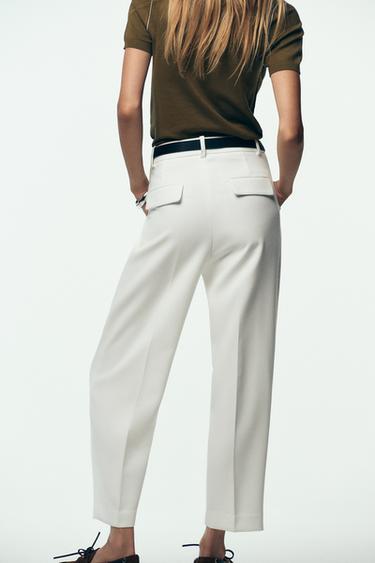 PANTALÓN PINZAS CINTURÓN - Blanco roto de Zara