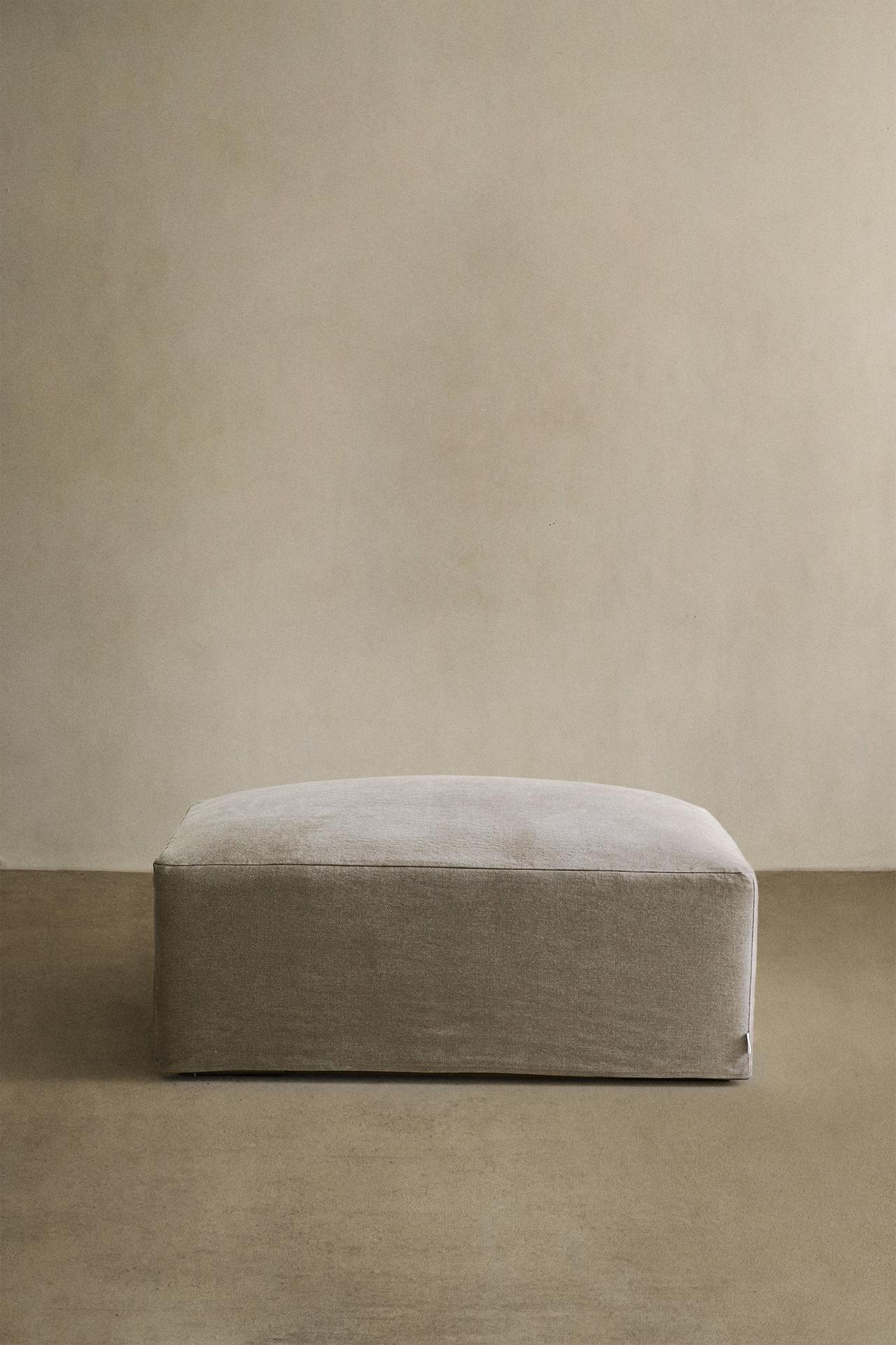 FOOTSTOOL WITH REMOVABLE WASHED LINEN COVER — Light beige