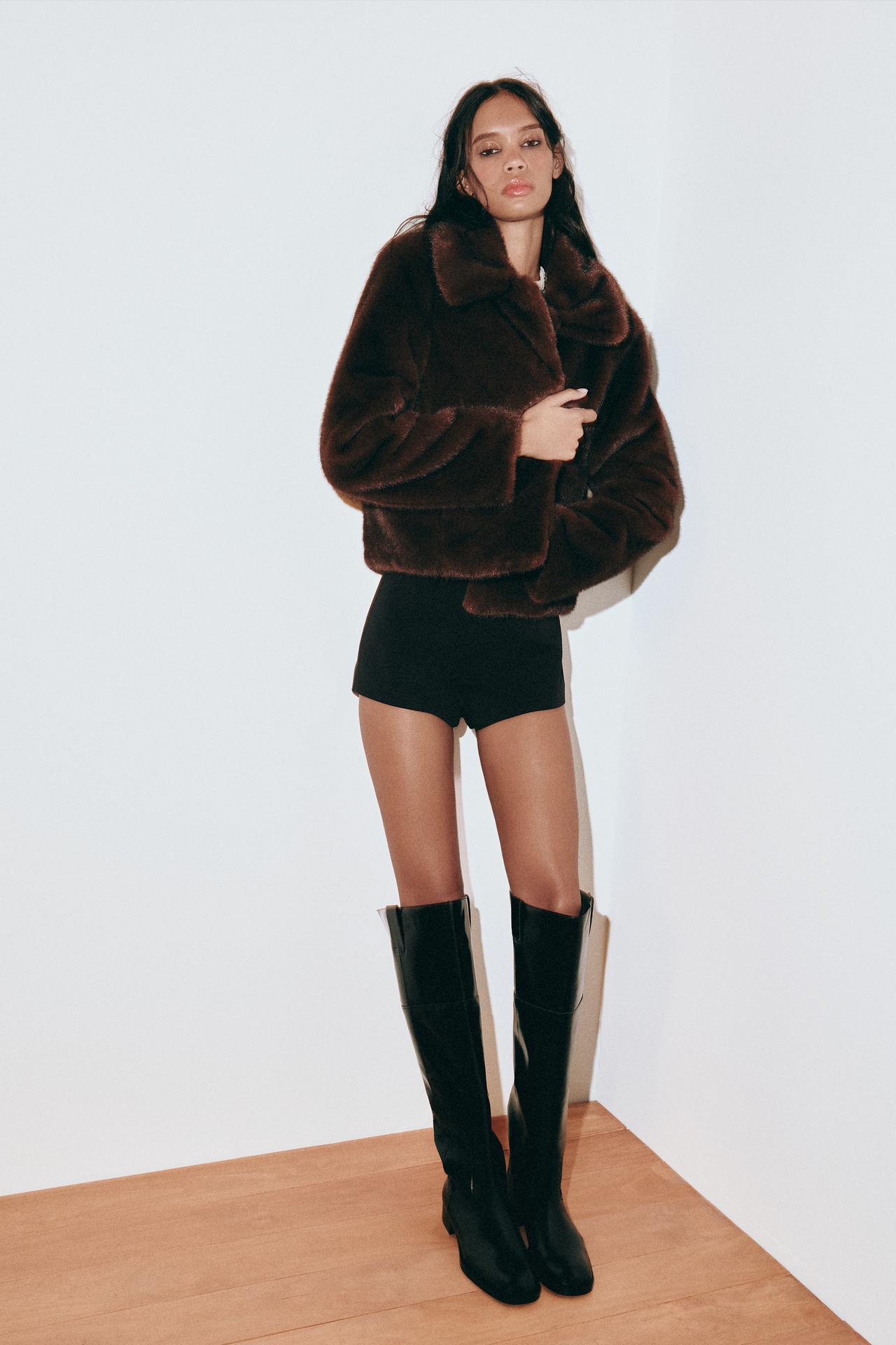 FAUX FUR SHORT COAT — Tobacco