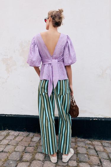 Zara STRIPED PUFF SLEEVE TIE BLOUSE - Pink / Lilac