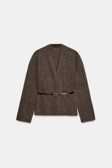 100% WOOL BELTED CARDIGAN - Brown / Taupe by Zara