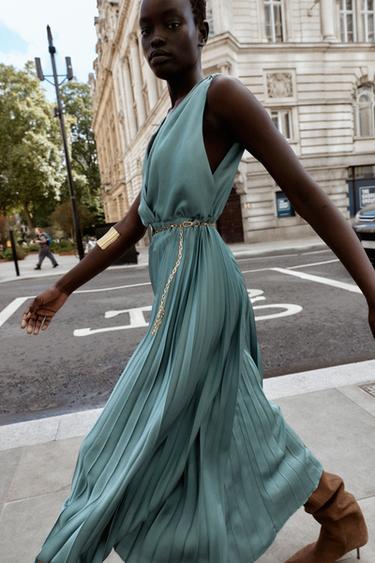 PLEATED MIDI DRESS WITH BELT - Blue / Steel by Zara - Image 3