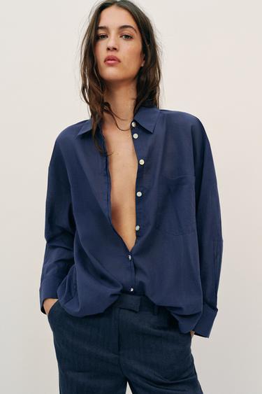 Zara OVERSIZED COTTON SHIRT - Navy blue