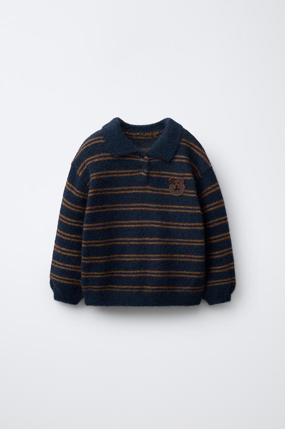 SWEATER DE MALHA ÀS RISCAS COM URSO DE CROCHET - Azul | ZARA Angola