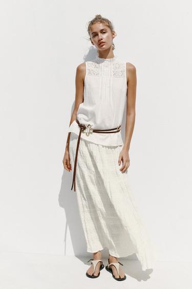 Zara EMBROIDERED LADDER STITCH TOP - White