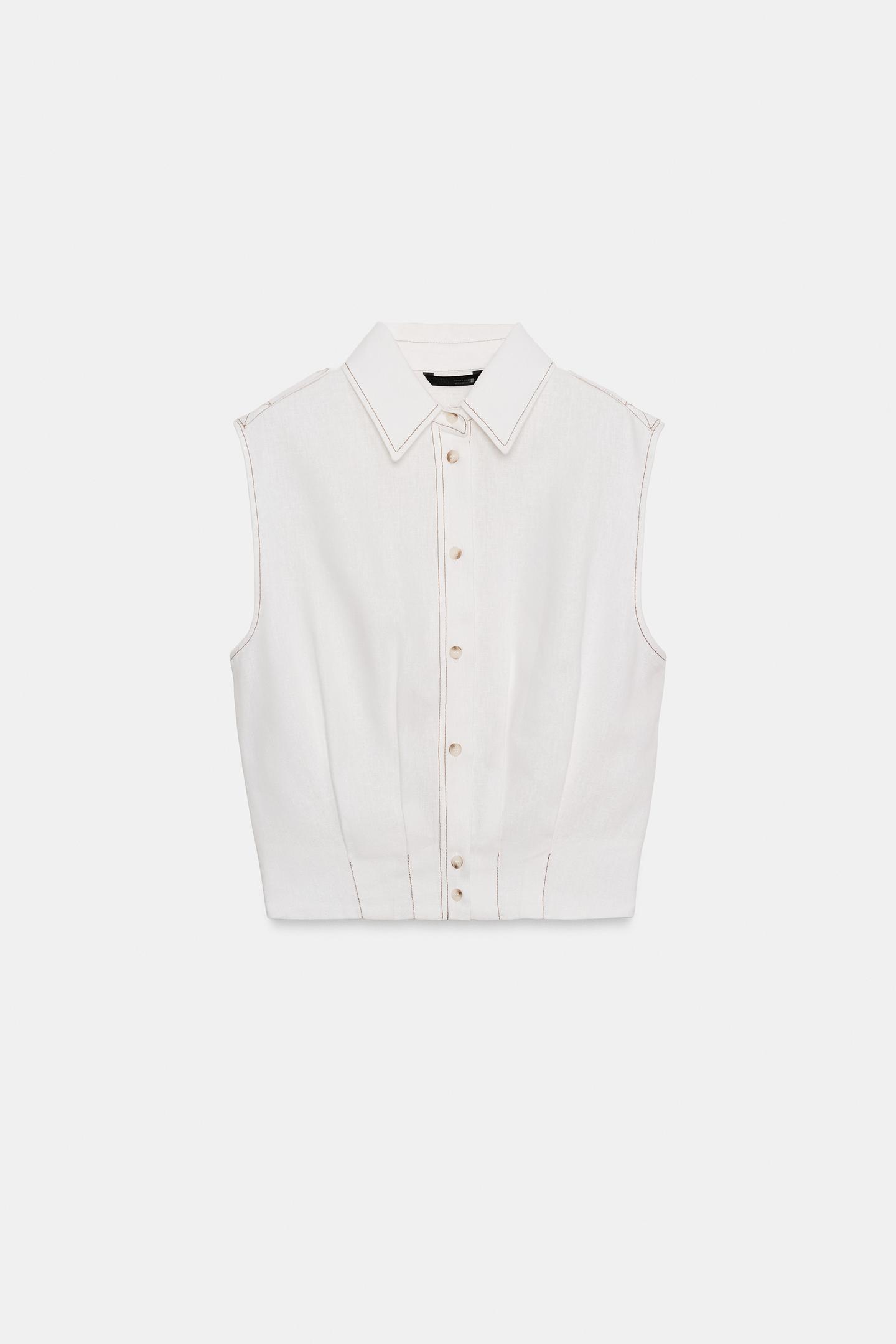 Женский топ Zara Linen Top with Topstitching, цвет: Белый — фото 2