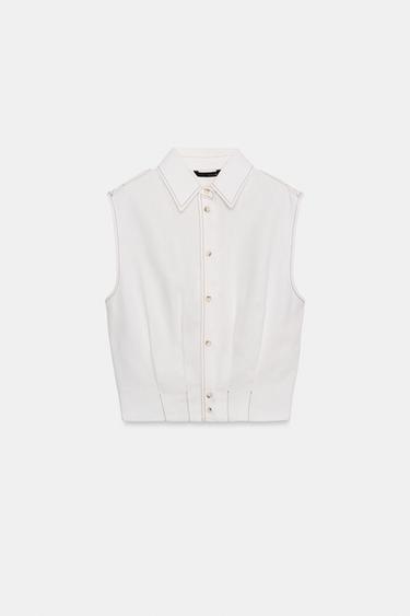 Zara LINEN TOP WITH TOPSTITCHING - White