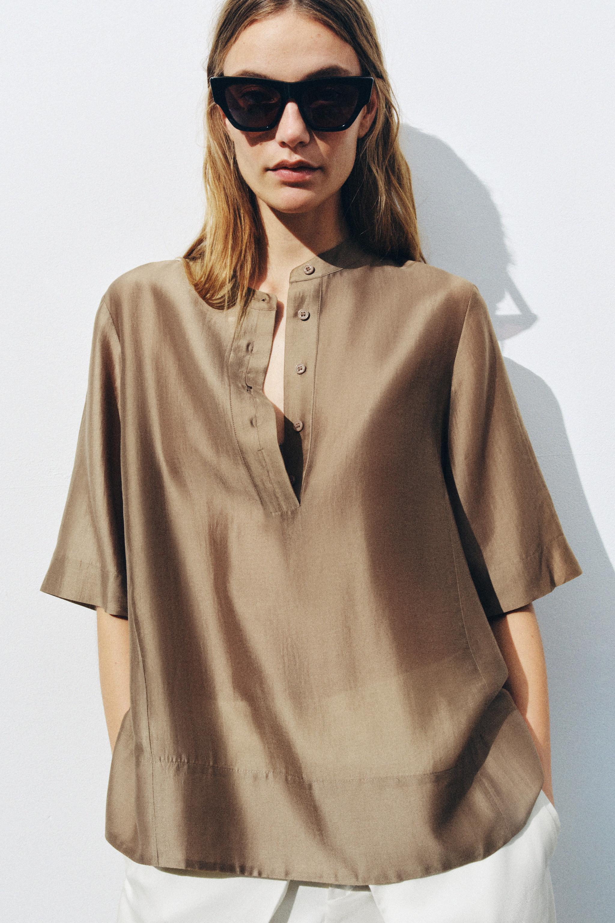 ZW COLLECTION FLOWING SHORT SLEEVE BLOUSE — Light brown