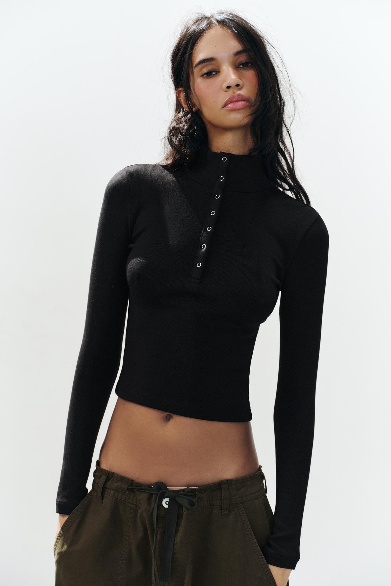 BUTTONED HIGH-NECK TOP — Black