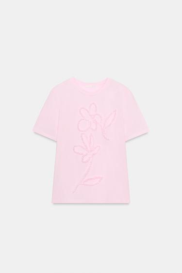 RAISED FLORAL T-SHIRT - Pink by Zara