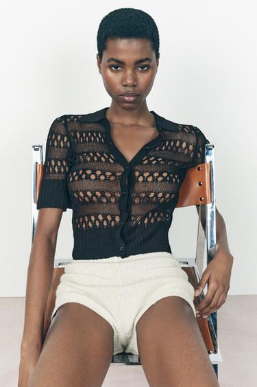 OPEN KNIT POLO TOP - Black by Zara - Image 1