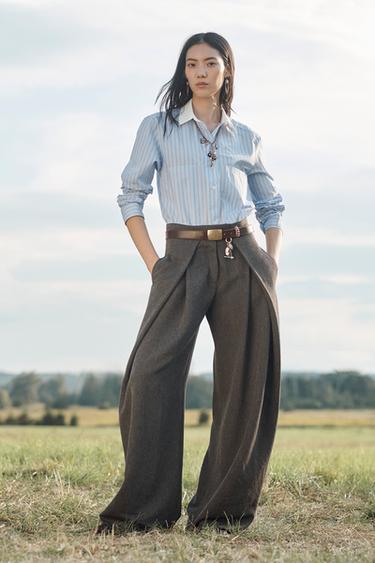 Zara LIMITED EDITION WOOL BLEND VOLUME PLEATED PANTS - Dark brown