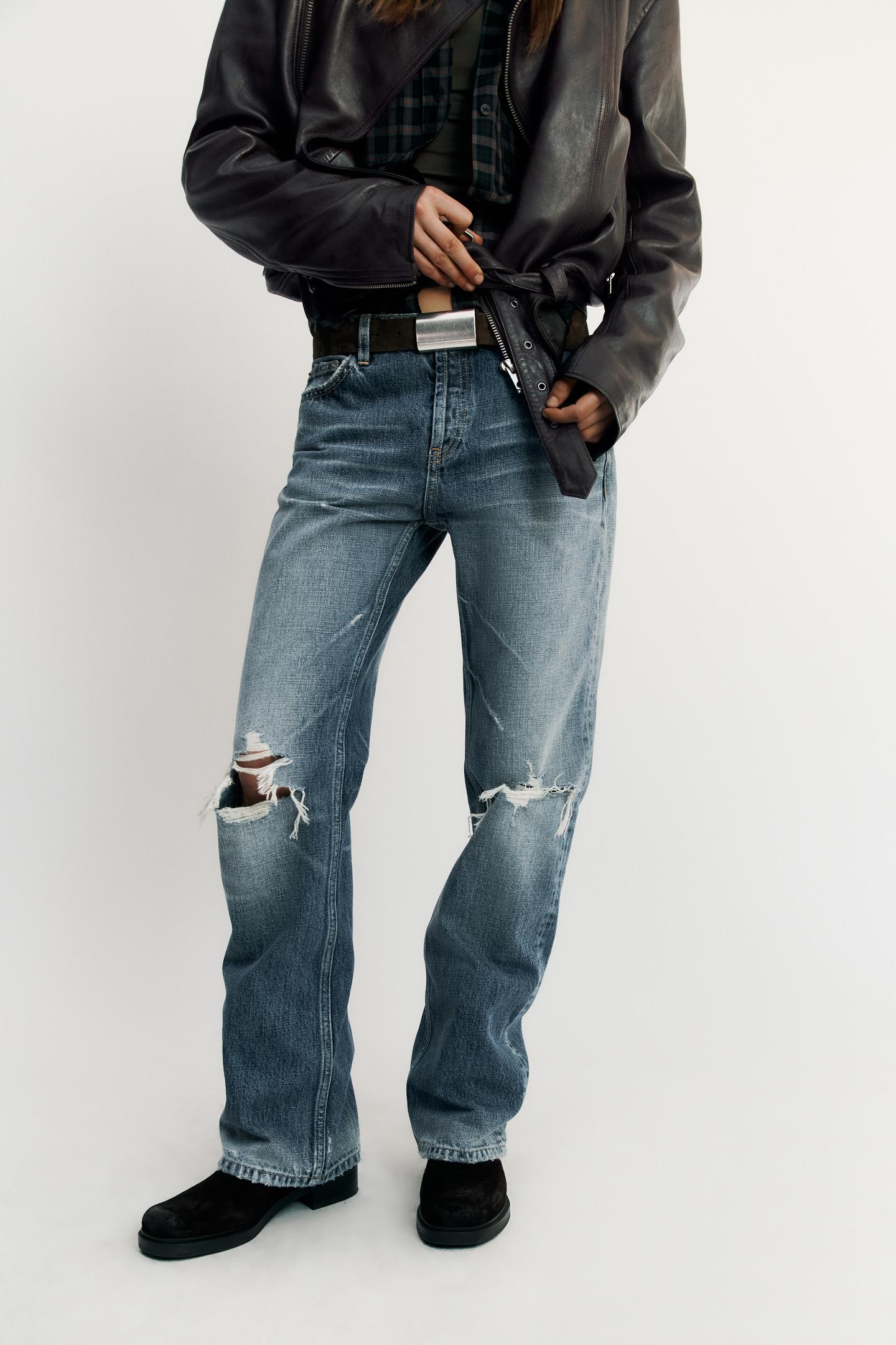Женские джинсы Zara Trf Straight Low-Rise Distressed, цвет: Синий — фото 2