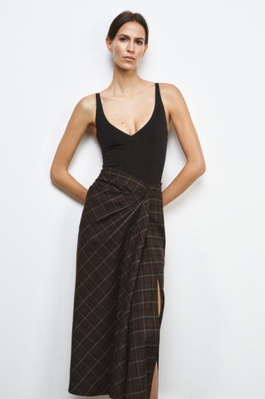 ZW COLLECTION DRAPED CHECK SKIRT - Brown by Zara