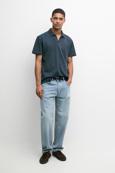 Zara Micro-textured V-neck piqué polo shirt - Blue - Image 0