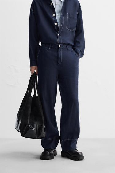 LINEN TROUSERS WITH TOPSTITCHING - Indigo by Zara