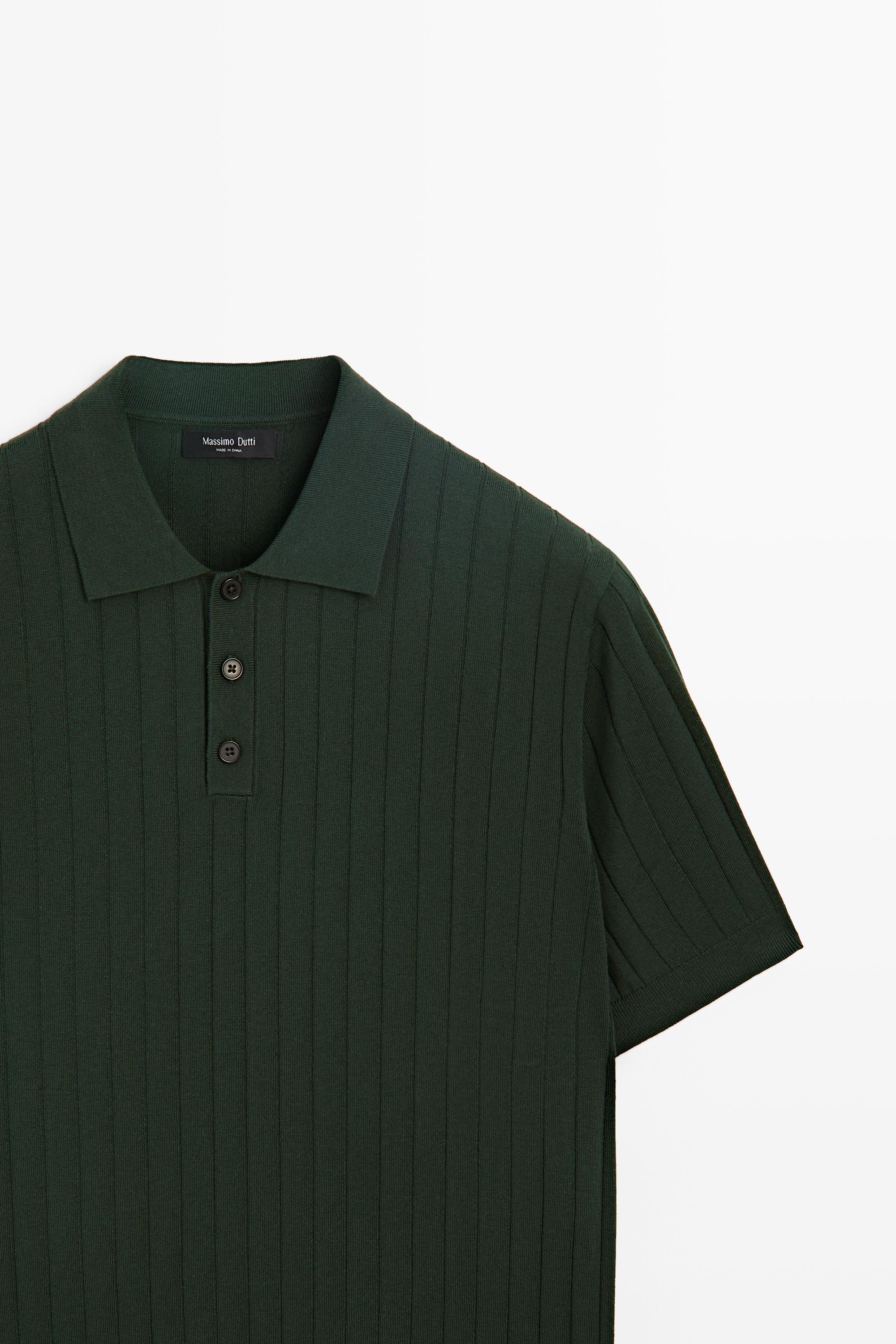 Ribbed knit cotton blend polo shirt