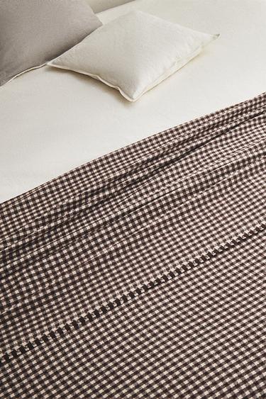 CHECK THROW WITH FRINGING - Dark brown by Zara