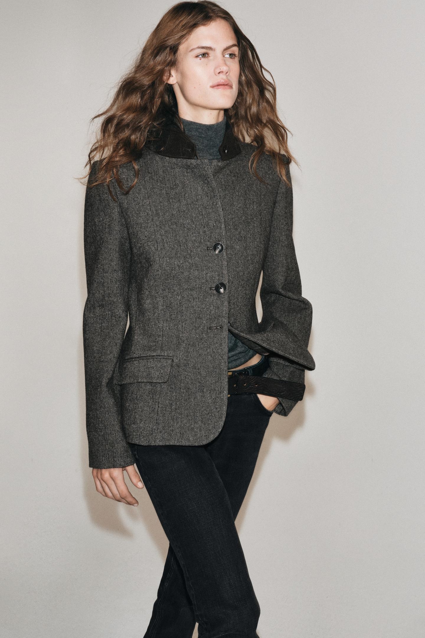 Женский пиджак Zara ZW Collection Fitted Wool, цвет: Серый / Рыжевато-коричневый — фото 4