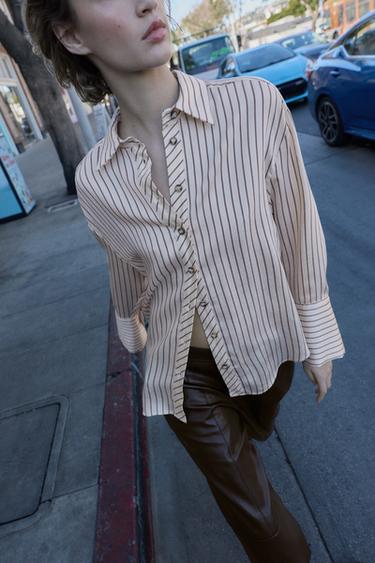CHEMISE À RAYURES AVEC POIGNETS LARGES - Écru / Grenat de Zara - Image 1