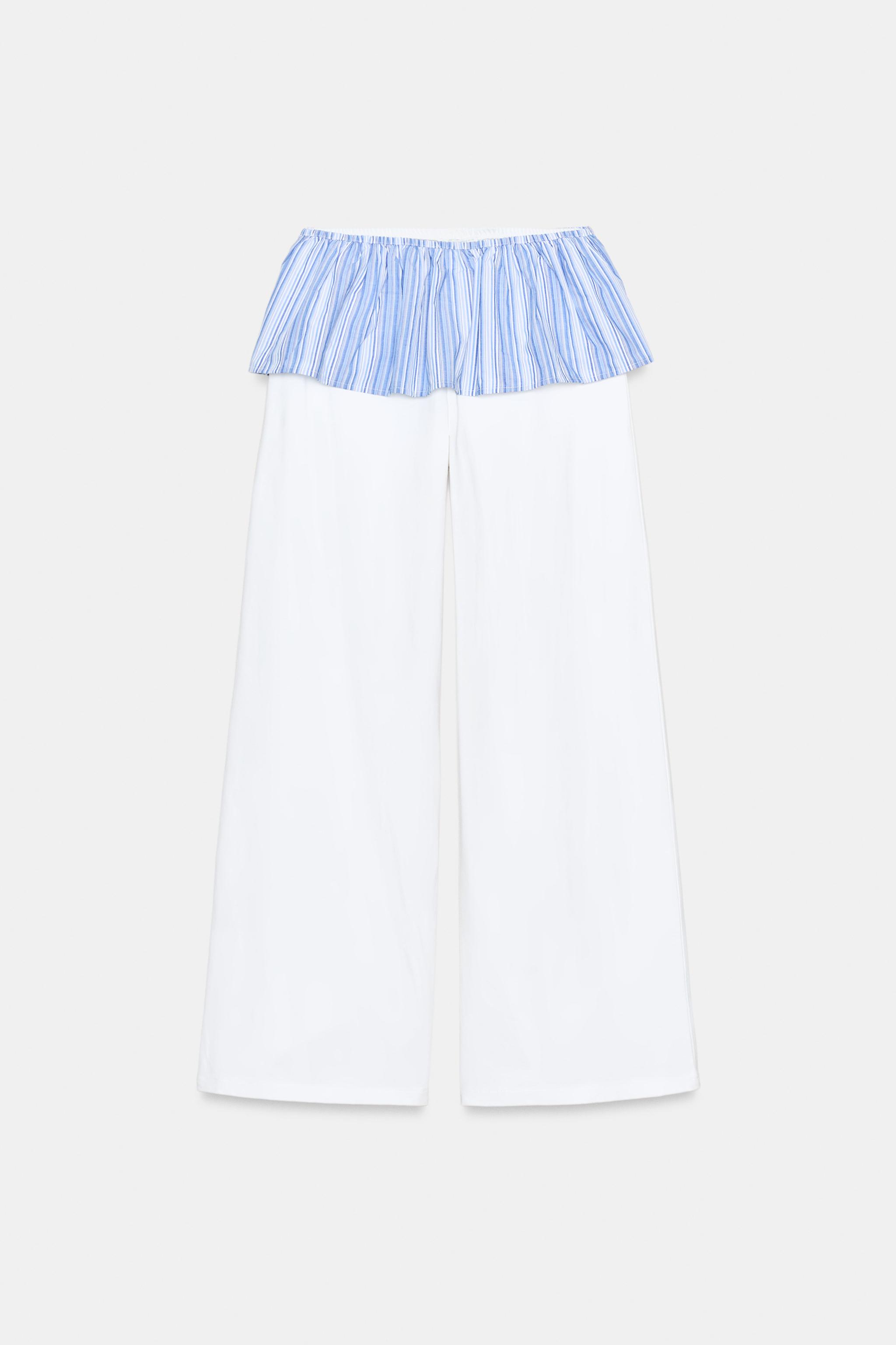 PANTALON DROIT À VOLANT EN MATIÈRES VARIÉES