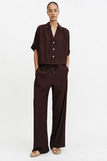 Zara FLOWY SHORT SLEEVE SHIRT - Dark brown