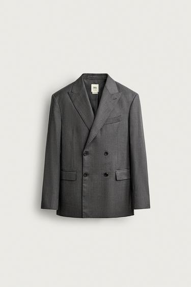 100% WOOL STRIPED SUIT BLAZER — Gray / Blue 1