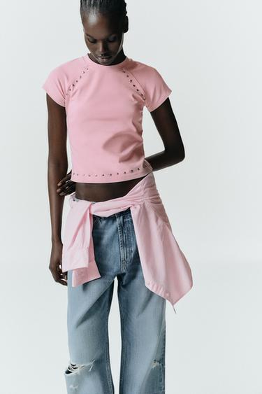 FADED T-SHIRT WITH STUDS - Pink by Zara
