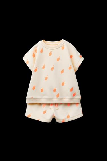 Zara PRINTED JOGGING T-SHIRT AND BERMUDA SET - Stone - Image 0