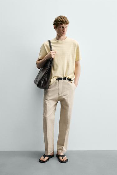 Zara 棉麻直筒休閒長褲 - 斑紋米色