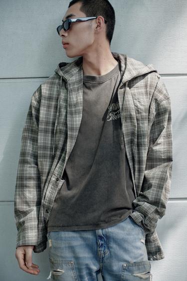 Zara 連帽格紋襯衫式外套 - 灰色