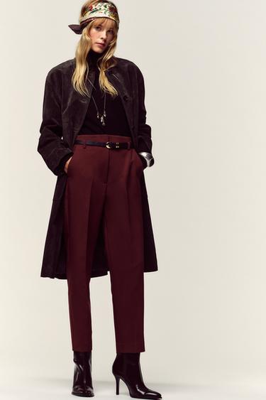 Zara HIGH-WAISTED BELTED PANTS - Burgundy